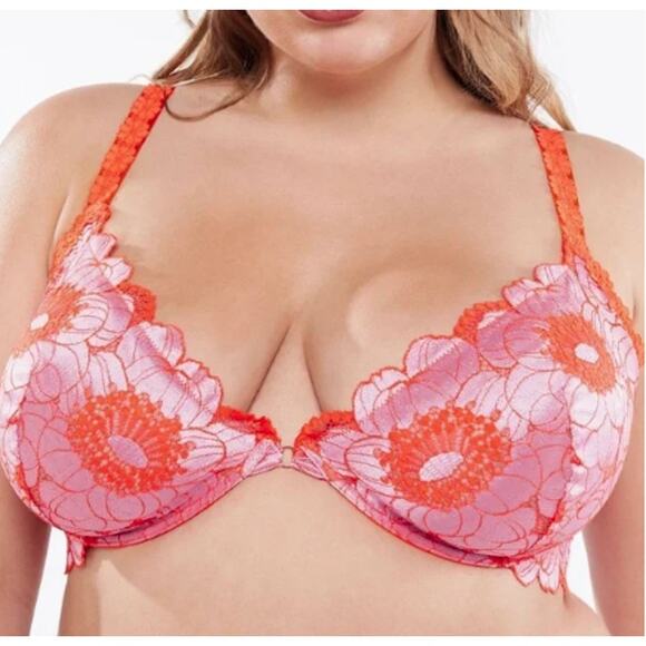 Savage X Fenty Perfect Poppies Unlined Lace Demi Bra 38D Pink Orange Romantic - Picture 1 of 9